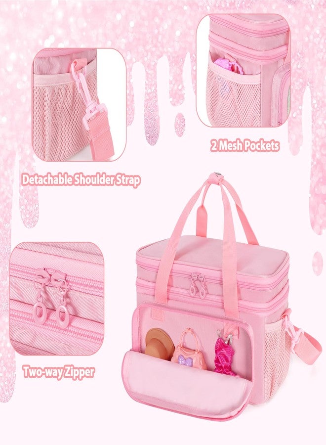 GRAOSO Carrying Case Compatible with Doll Clothes, Doll Accessories Storage Organizer, Double Layer Design, with Handle and Detachable Shoulder Strap, Case only (Pink) - Image 4